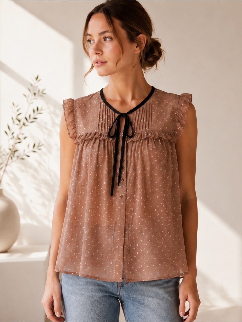 Daniel Rainn Boho Cottagecore Sheer Polka Dot Tie Neck Romantic Blouse Top M